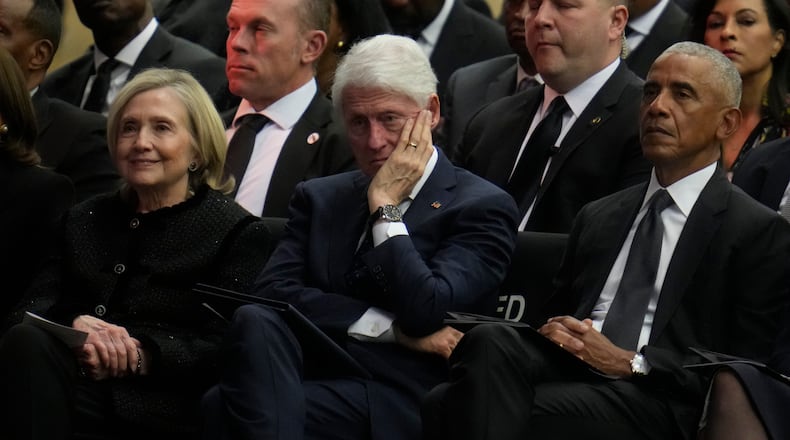 Former Secretary of State Hillary Clinton, former President Bill Clinton and former President Barack Obama attend the Public Homegoing Service for Reverend Jesse Jackson at the House of Hope in Chicago, Friday, March 6, 2026. (AP Photo/Erin Hooley)