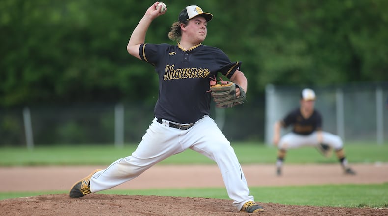 Shawnee High School senior Nick Whalen throws a pitch during their game against Northeastern High School on Monday, May 24 at Fairborn's George Winkhouse Stadium. Whalen threw a complete game as the Braves beat the Jets 9-1. Michael Cooper/CONTRIBUTED