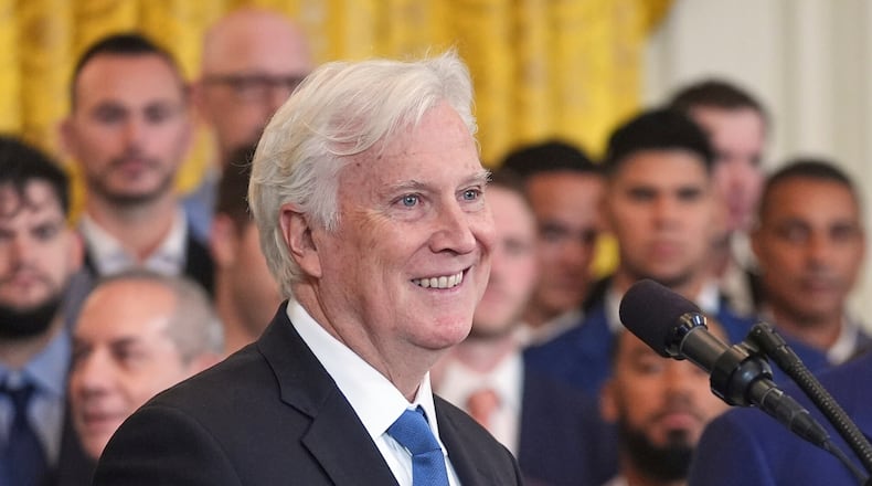 FILE - Los Angeles Dodgers owner and chairman Mark Walter speaks during a ceremony to honor the Major League Baseball 2024 World Series Champion team in the East Room of the White House, Monday, April 7, 2025, in Washington. (AP Photo/Evan Vucci, File)