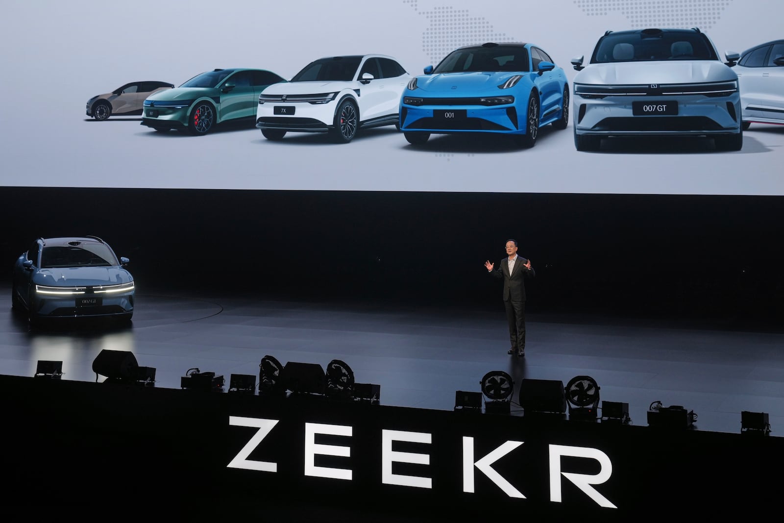 An Conghui, CEO of Zeekr speaks on stage after he unveiled the Zeekr new 007 GT car model, in Hangzhou in eastern China's Zhejiang province on April 15, 2025. (AP Photo/Andy Wong)