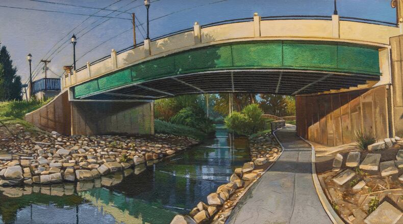 The painting "Riverwalk" by John Benton, who grew up in Springfield and now based in Chicago, depicting the area alongside Buck Creek right outside the Springfield Museum of Art, is part of his new exhibition, "Groundwork." Contributed photo