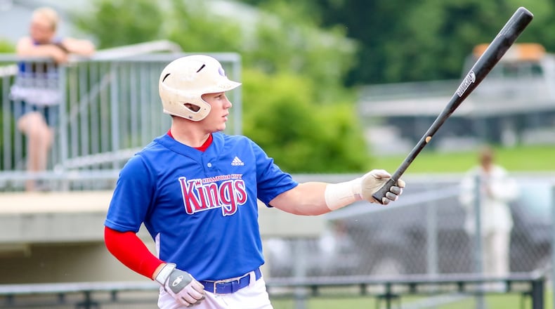 Champion City Kings catcher Bo Seccombe awaits a pitch during their game against the West Virginia Miners on June 5 at Carleton Davidson Stadium. Seccombe made team history on June 4, hitting for the cycle for the first time in the club’s sixth season. CONTRIBUTED PHOTO BY MICHAEL COOPER