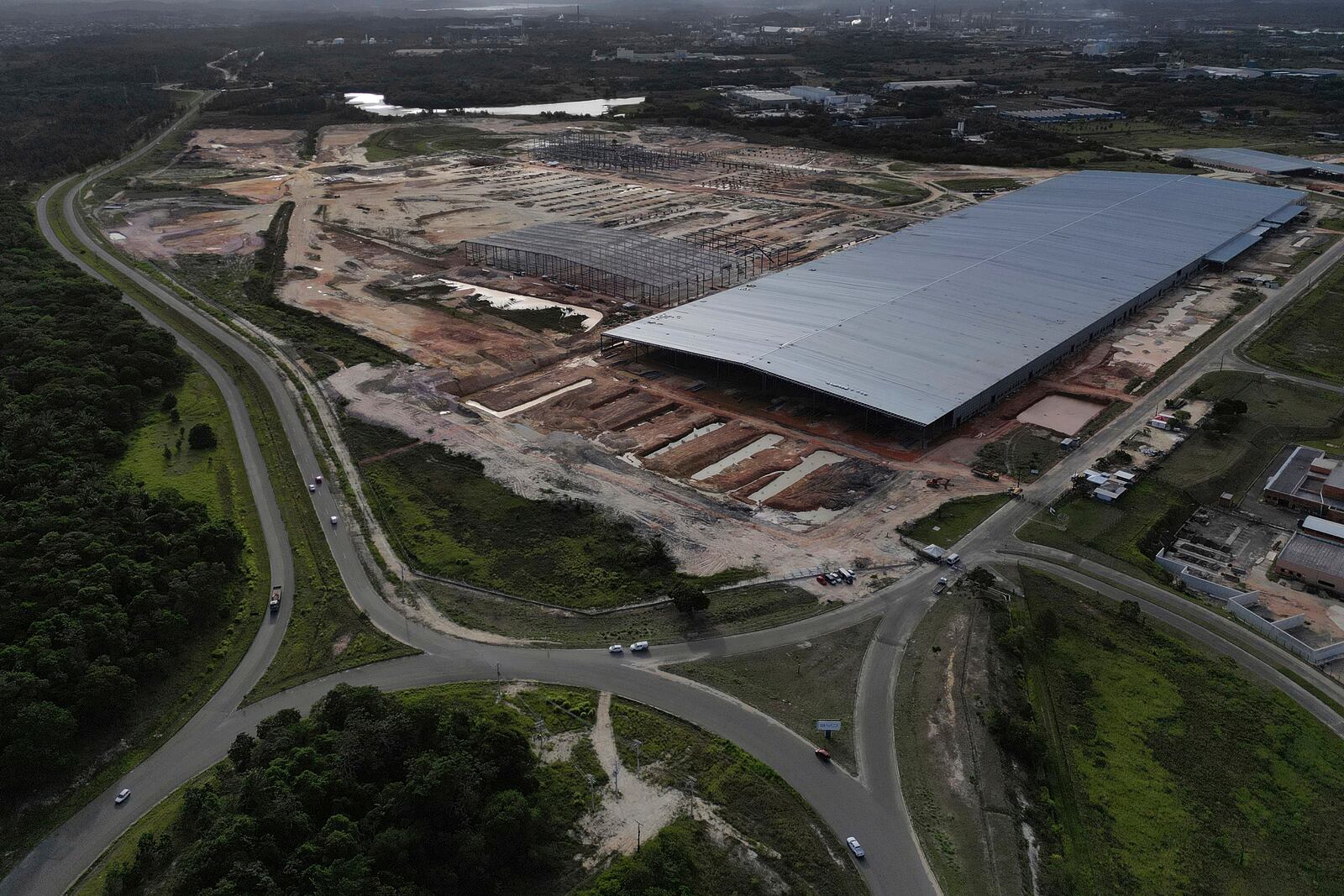 BYD vehicle factory is under construction in Camacari, Bahia state, Brazil, Thursday, March 6, 2025. (AP Photo/Eraldo Peres)