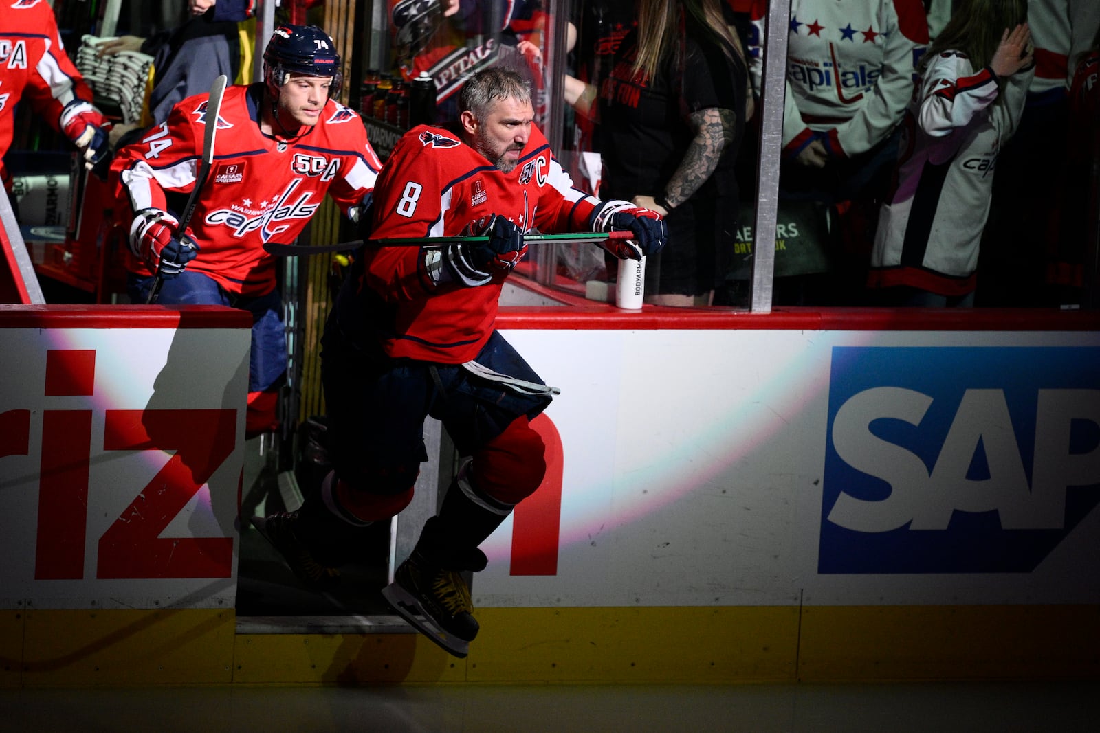 Washington Capitals left wing Alex Ovechkin (8) takes to the ice for warms up before Game 5 of a first-round NHL hockey playoff series against the Montreal Canadiens Wednesday, April 30, 2025, in Washington. (AP Photo/Nick Wass)