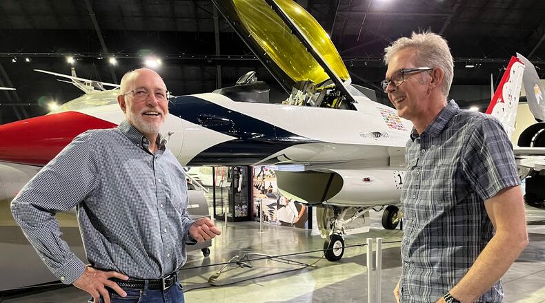 Timothy Gaffney, left, retired Dayton Daily News aviation and military affairs writer, and Ty Greenlees, retired DDN photographer, covered the Dayton Air Show every year for decades. THOMAS GNAU/STAFF WRITER