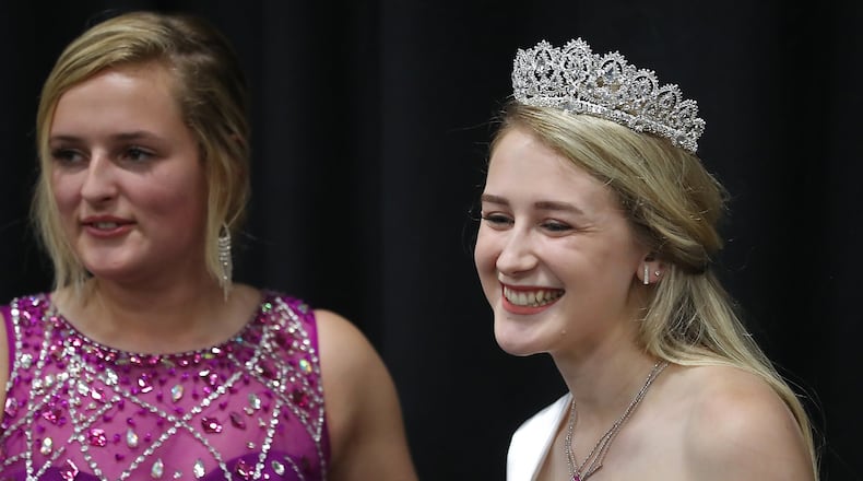 The 2019 Clark County Fair Queen, Teryn Ferrell, poses for pictures with runner up, Victoria Johnson, Saturday after she was crowned at the Clark County Fair. BILL LACKEY/STAFF
