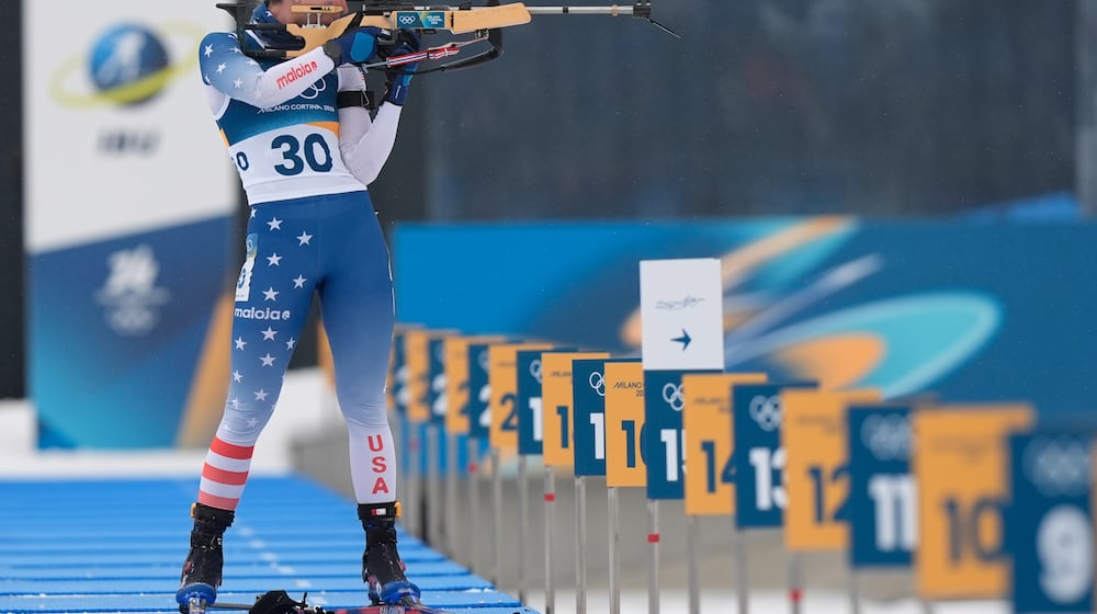 Deedra Irwin, of the United States, competes during the women's 7.5-kilometer sprint biathlon race at the 2026 Winter Olympics in Anterselva, Italy, Saturday, Feb. 14, 2026. (AP Photo/Andrew Medichini)