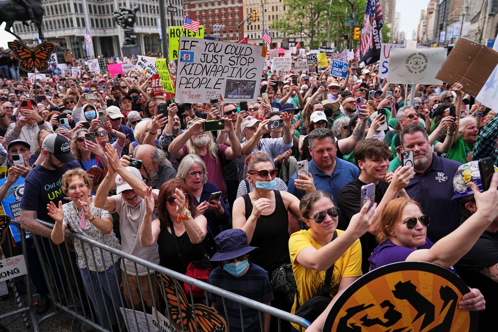 The crowd cheers for Sen. Bernie Sanders, I-Vt., as he arrives to speak during a May Day rally outside City Hall in Philadelphia, Thursday, May 1, 2025. (AP Photo/Matt Rourke)