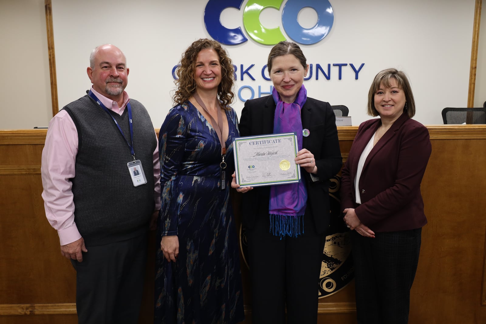 Clark County commissioners recognized three people with Luminary Awards, which celebrates and honors sung and unsung heroes in the community. Former commissioner Melanie Flax Wilt (middle, left) honored Marta Wojcik (middle, right), pictured with Charles Patterson (left) and President Sasha Rittenhouse (right). Contributed