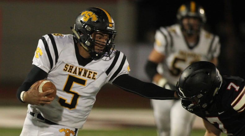 Shawnee’s Robie Glass runs for a touchdown against Jonathan Alder on Friday, Oct. 25, 2019, in Plain City. David Jablonski/Staff
