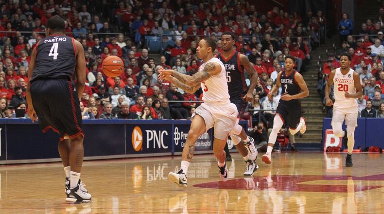 Dayton's Kyle Davis makes a pass against Duquesne on Saturday, Feb. 4, 2017, at UD Arena.