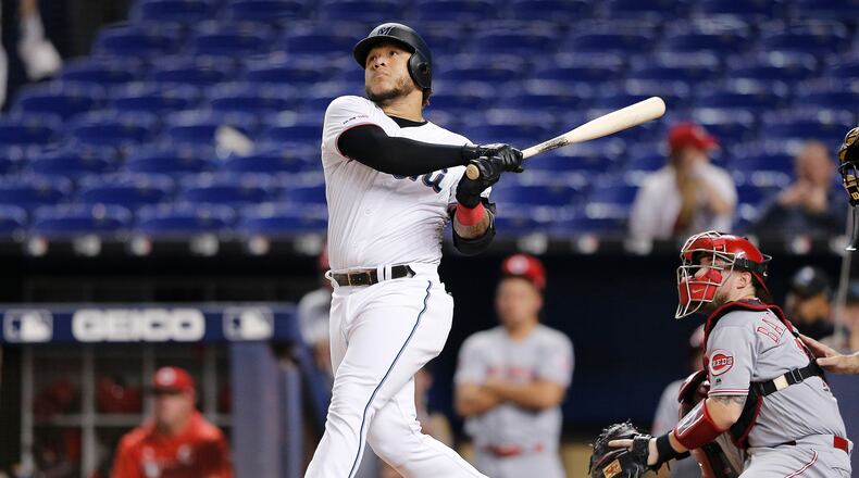 MIAMI, FLORIDA - AUGUST 29:  Harold Ramirez #47 of the Miami Marlins hits a solo walk-off home run in the twelfth inning against the Cincinnati Reds at Marlins Park on August 29, 2019 in Miami, Florida. (Photo by Michael Reaves/Getty Images)