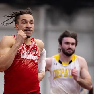 Wttenberg's Cam Elliott competes in the NCAC indoor track championships on Friday, Feb. 27, 2026, at The Steemer in Springfield. Photo by Pam Klopfer