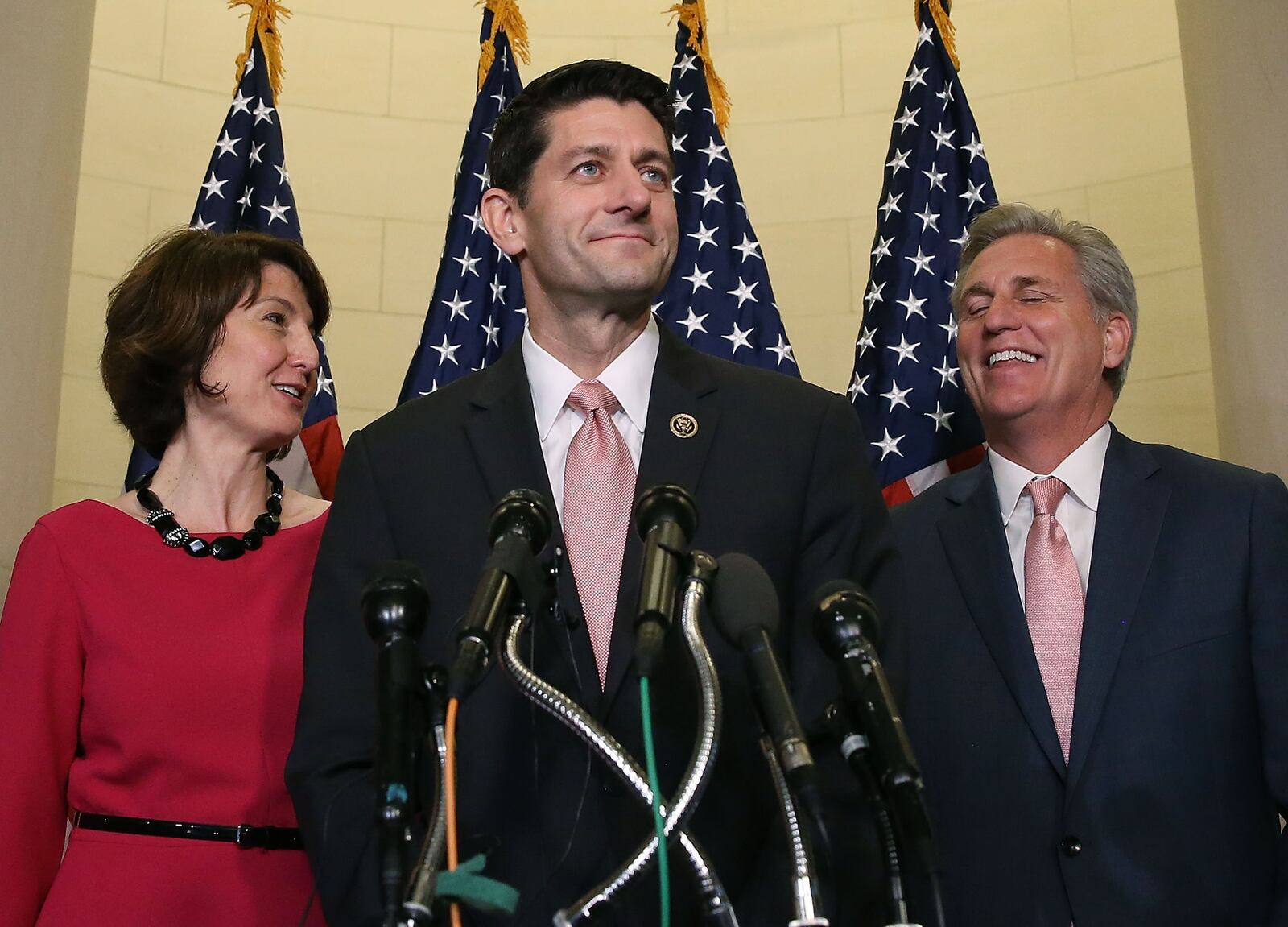 WASHINGTON, DC - OCTOBER 28: Rep. Paul Ryan (R-WI) (C) speaks to the media while flanked by House Majority Leader Kevin McCarthy (R-CA) and Chairman of the House Republican Conference Rep. Cathy McMorris Rodgers (R-WA) after House Republicans nominated him to be the next Speaker of the House at the US Capitol October 28, 2015 in Washington, DC. Ryan will replace outgoing House Speaker John Boehner. (Photo by Mark Wilson/Getty Images)