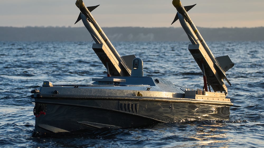 A sea drone Magura V7 of Ukraine's Defence Intelligence equipped with surface-to-air missiles rides in an undisclosed location in Ukraine, Saturday, Dec. 6, 2025. (AP Photo/Efrem Lukatsky)
