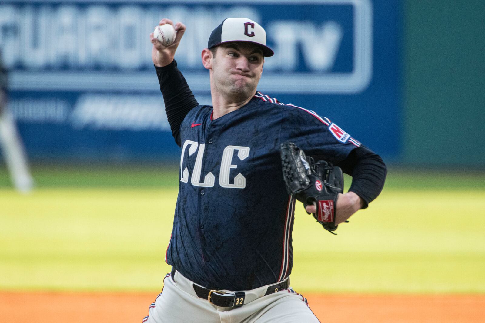 Cleveland Guardians starting pitcher Gavin Williams delivers against the Philadelphia Phillies during the first inning of a baseball game Friday, May 9, 2025, in Cleveland. (AP Photo/Phil Long)