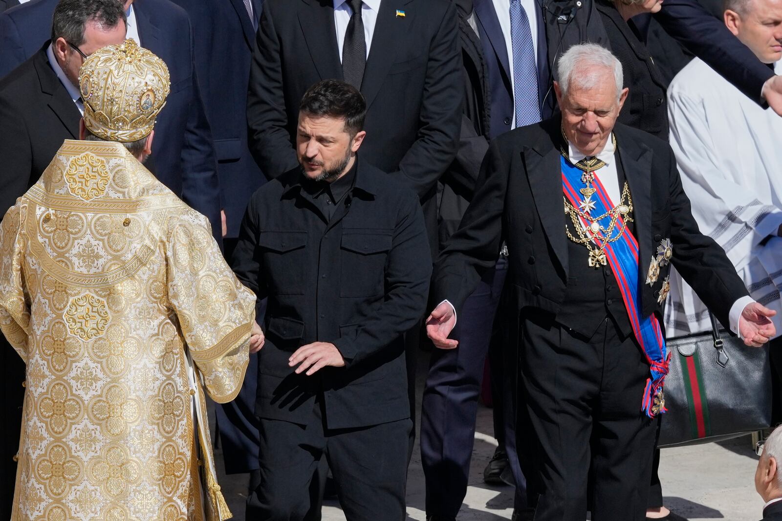 Ukraine's President Volodymr Zelenskyy, center, arrives for the funeral of Pope Francis in St. Peter's Square at the Vatican, Saturday, April 26, 2025. (AP Photo/Gregorio Borgia)