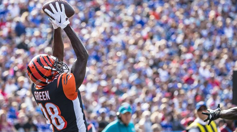 ORCHARD PARK, NY - AUGUST 26: A.J. Green #18 of the Cincinnati Bengals makes a leaping touchdown reception during the first quarter of a preseason game against the Buffalo Bills at New Era Field on August 26, 2018 in Orchard Park, New York. (Photo by Brett Carlsen/Getty Images)