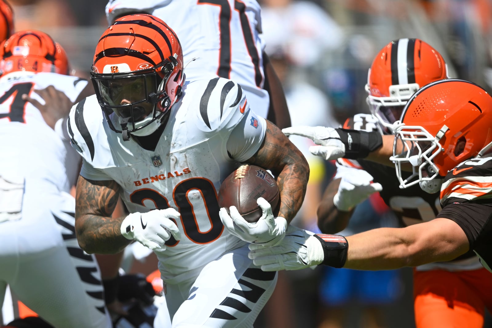 Cincinnati Bengals running back Chase Brown (30) runs for a touchdown during the first half of an NFL football game against the Cleveland Browns, Sunday, Sept. 7, 2025, in Cleveland. (AP Photo/David Richard)