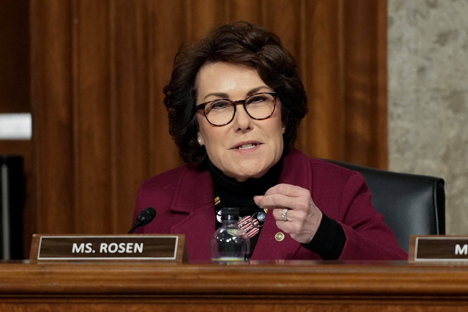 FILE - Sen. Jacky Rosen, D-Nev., speaks during a Senate Armed Services Committee confirmation hearing at the Capitol in Washington, Jan. 14, 2025. (AP Photo/Ben Curtis, File)