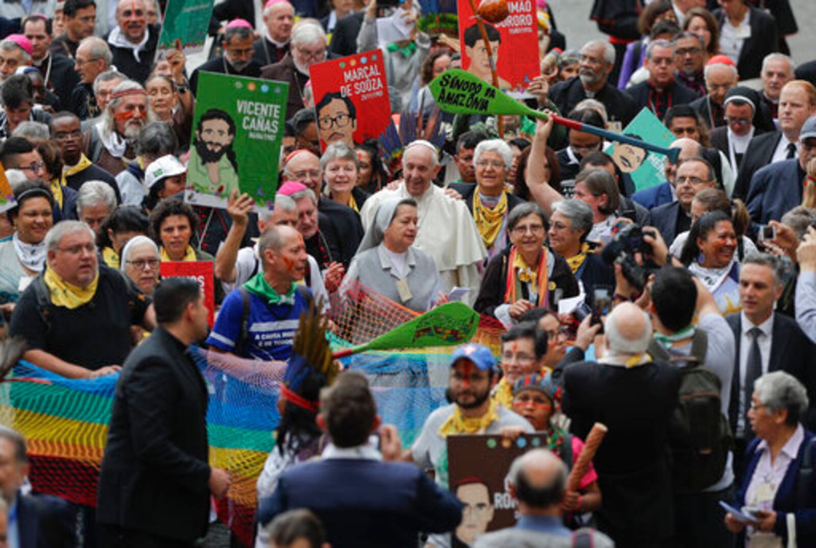 FILE - Pope Francis walks in procession on the occasion of the Amazon synod, a three-week meeting on preserving the rainforest and ministering to its native people, at the Vatican, Monday, Oct. 7, 2019. (AP Photo/Andrew Medichini, file)