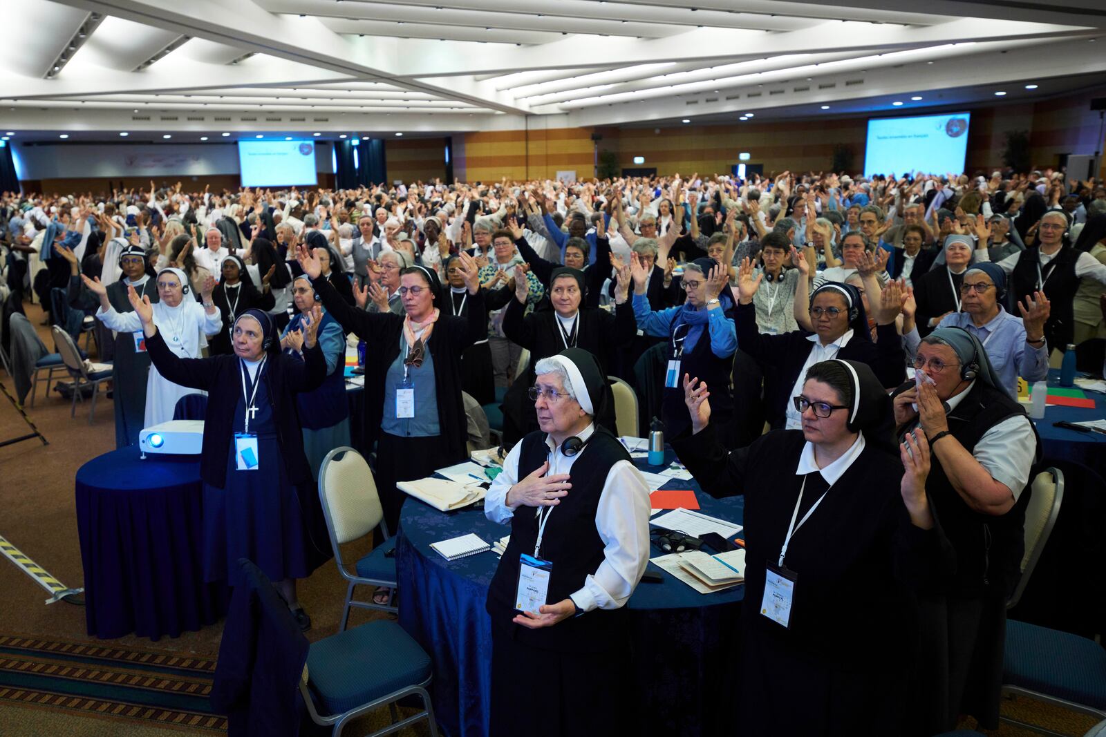 Nuns pray during a congress of nearly 900 superiors of the world's female religious orders in Rome, Monday, May 5, 2025. (AP Photo/Alessandra Tarantino)