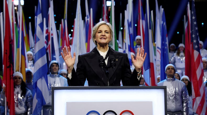 FILE - IOC President Kirsty Coventry speaks during the Olympic opening ceremony at the 2026 Winter Olympics, in Milan, Italy, Friday, Feb. 6, 2026. (Yves Herman/Pool Photo via AP, File)