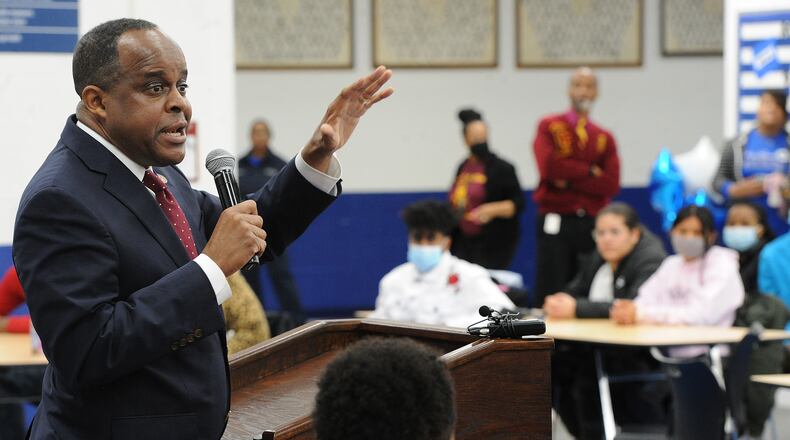Central State President Jack Thomas talked with Dunbar High School seniors about scholarships to Central State University, Friday April 1, 2022. MARSHALL GORBY\STAFF