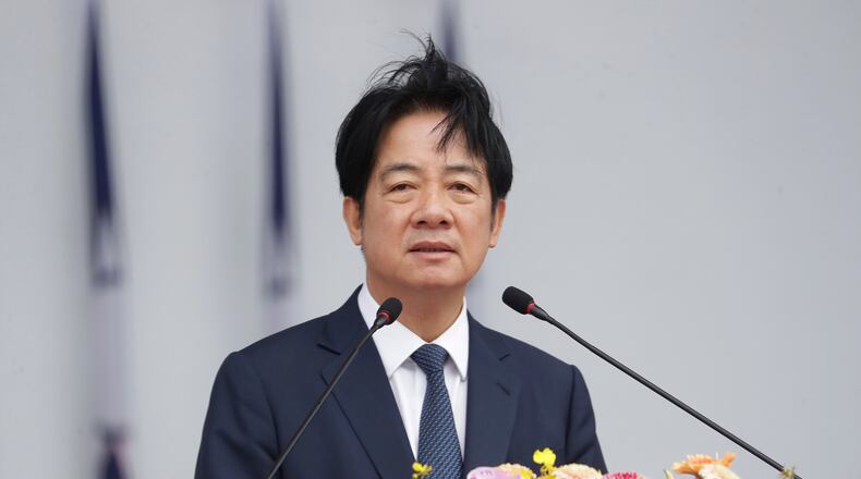 Taiwan's President Lai Ching-te delivers a speech during the inauguration ceremony of M1A2T Abrams Main Battle Tanks in Hsinchu County, Taiwan, Friday, Oct. 31, 2025. (AP Photo/Chiang Ying-ying)