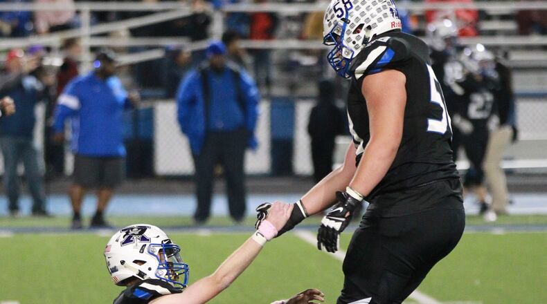 Xenia offensive lineman Gavin Gerhardt (right) was named first team All-Ohio Division II. MARC PENDLETON / STAFF