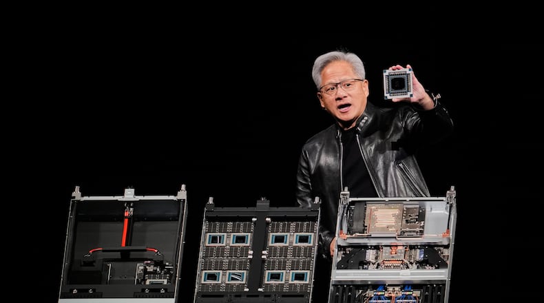 Nvidia CEO Jensen Huang speaks during an Nvidia conference focusing on artificial intelligence in San Jose, Calif., Monday, March 16, 2026. (AP Photo/Godofredo A. Vásquez)