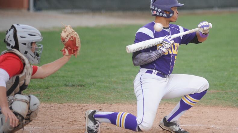 Butler’s Henry Barwick attempts to bunt. Tippecanoe snapped visiting Vandalia-Butler’s 34-game GWOC divisional win streak 6-4 in a high school baseball game on Tuesday, May 2, 2017. MARC PENDLETON / STAFF