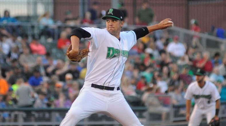 Dragons pitcher Scott Moss leads the Midwest League in wins (seven) and strikeouts (68). MARC PENDLETON / STAFF