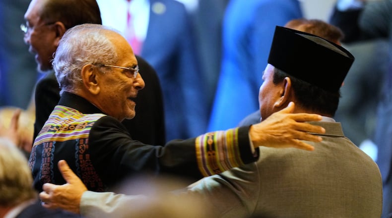 East Timor's President Jose Ramos-Horta, left, and Indonesian President Prabowo Subianto greet each other during the 47th ASEAN summit opening ceremony in Kuala Lumpur, Malaysia, Sunday, Oct. 26, 2025. (AP Photo/Vincent Thian)