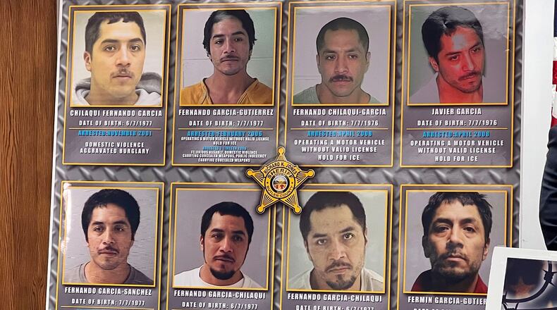 Fermin Garcia-Gutierrez, 46, now charged with aggravated murder in a Hamilton case, is shown on a poster prepared by Butler County Sheriff Richard Jones and featured at a press conference March 29, 2024. Garcia-Gutierrez has been arrested several times, deported and arrested again, Jones said. NICK GRAHAM/STAFF