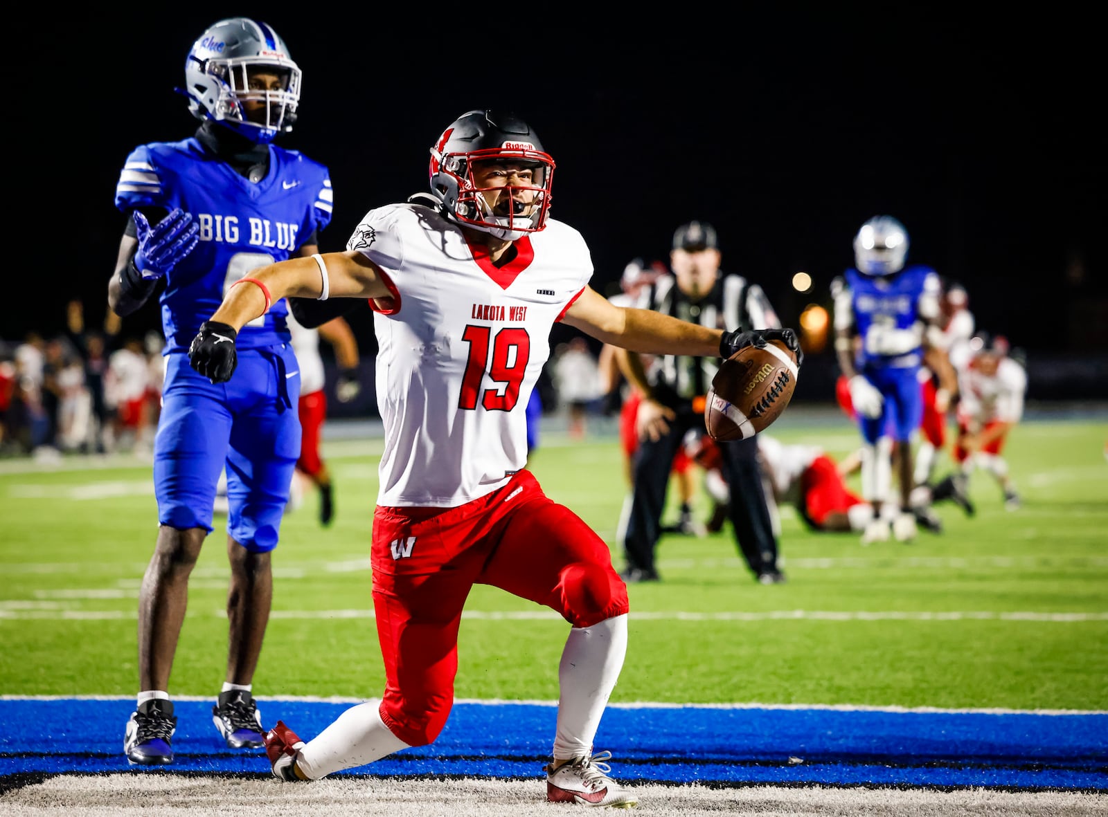 Lakota West's Ryan Nicely celebrates a touchdown during their game against Hamilton Friday, Sept. 5, 2025 at Virgil Schwarm Stadium in Hamilton. Lakota West won 38-6. NICK GRAHAM/STAFF