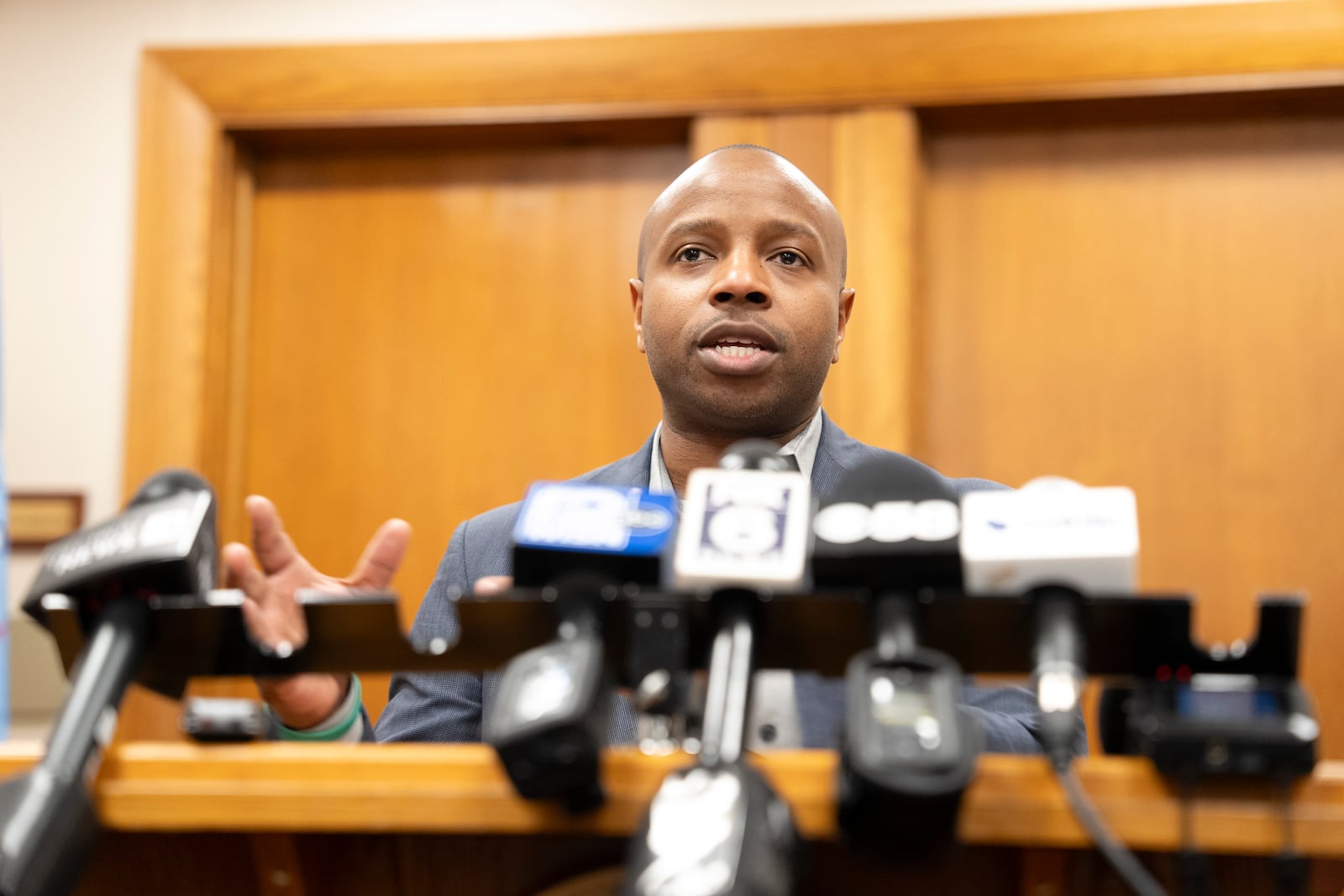 Milwaukee Mayor Cavalier Johnson addresses the media Friday, April 25, 2025, in Milwaukee after county Judge Hannah Dugan was arrested on courthouse grounds. (AP Photo/Andy Manis)