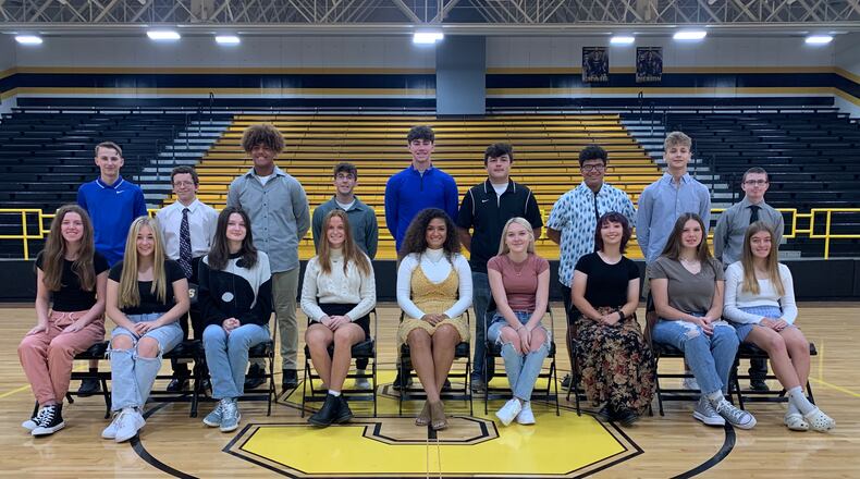 Clark-Shawnee High School Homecoming Court:
Front row: Sydney Blanke, Meredith Webb, Grace McMann, Ava Wills, Jewels Cydrus, Bri Hursh, Rachel Atkins, Lilly Adams and Alyssa Ekey.
Back row: Noah Belcher, David Warner, Darian Dixon, Jack Krupp, RJ Griffin, Nick Evans, Kason Dennis, Dawson Blauvelt, James Castle.
Missing: Lydia Spitzer and Zion Crowe.
The Clark-Shawnee Homecoming 2022 Parade will begin at 6:15 p.m. Friday, Sept. 30.