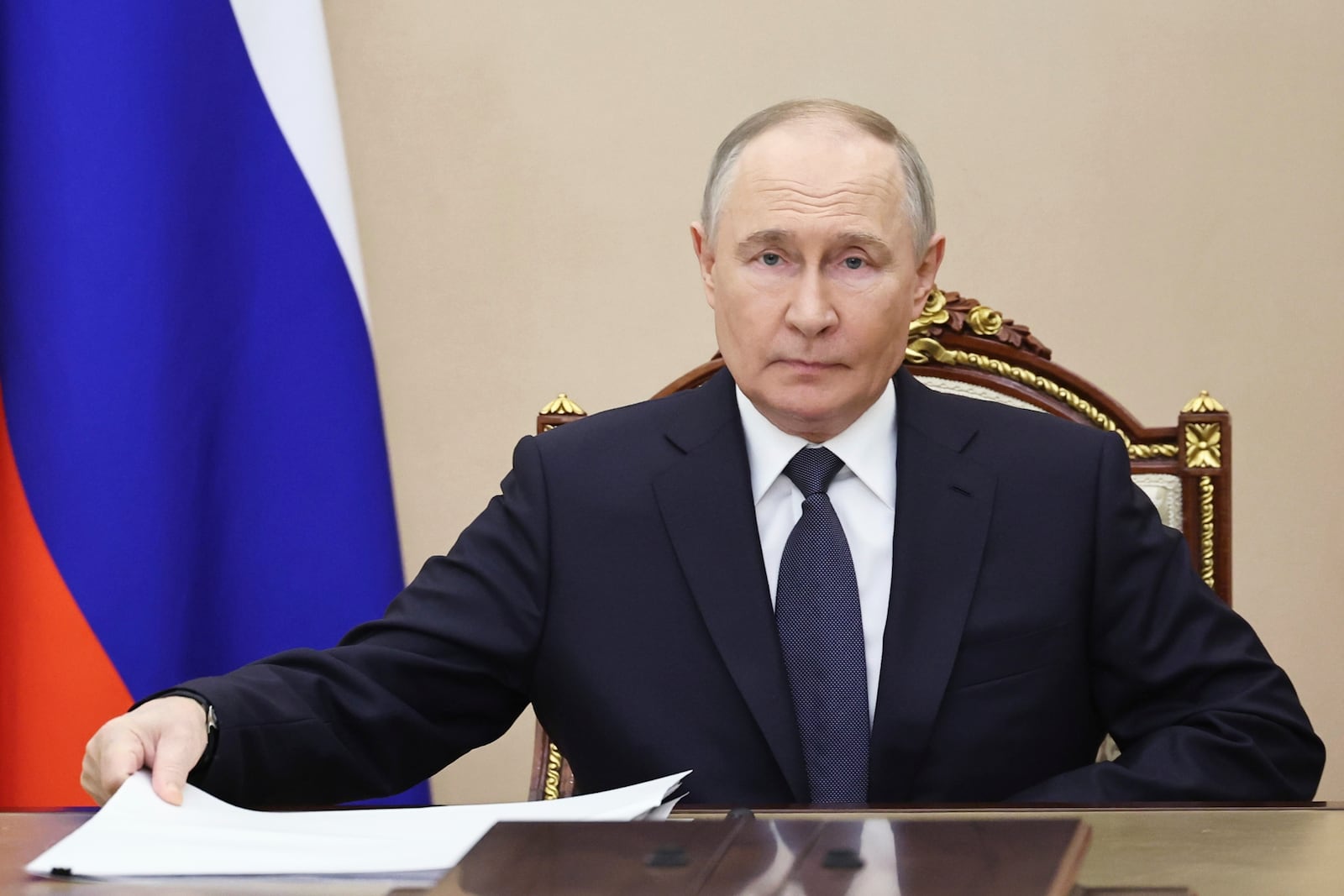 Russian President Vladimir Putin attends a meeting on forthcoming Russia-Ukraine talks in Istanbul, in Moscow, Russia, Wednesday, May 14, 2025. (Alexander Kazakov, Sputnik, Kremlin Pool Photo via AP)