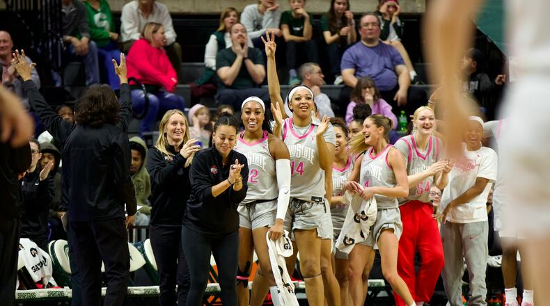 Cotie McMahon and Ohio State Buckeyes celebrate a win at Michigan State. (Photo courtesy Ohio State Athletics)