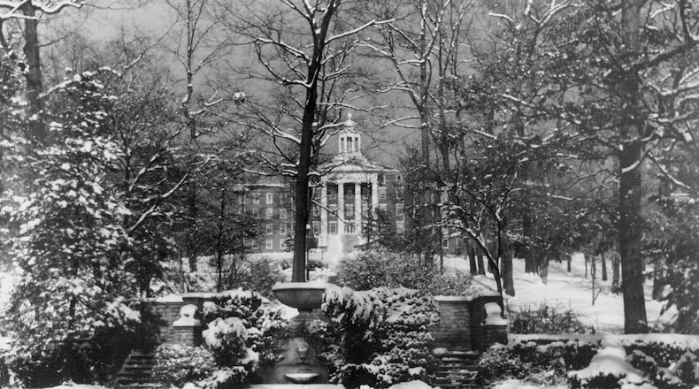 Aside from landscape changes, this wintry scene of Wittenberg has remained fairly unchanged over the years. Students then and now would recognize the view looking towards Myers Hall, the oldest building on campus, which opened in 1846. PHOTO COURTESY OF THE CLARK COUNTY HISTORICAL SOCIETY