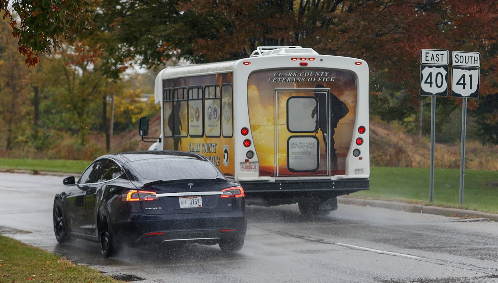 Vehicles travel on State Route 41 on the rainy afternoon of Thursday, October 30, 2025, in Springfield JOSEPH COOKE/STAFF