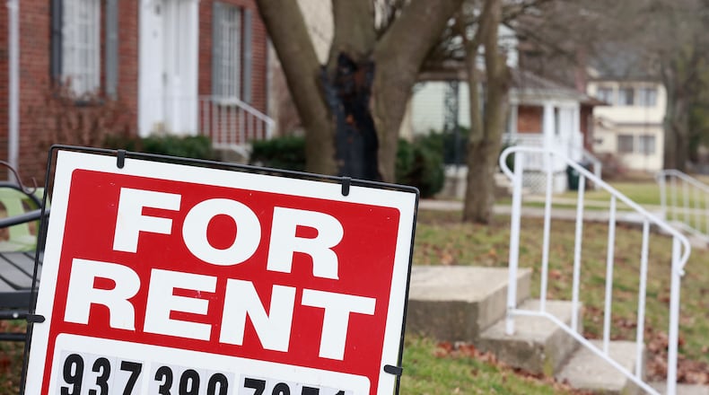 A rental sign along Woodlawn Avenue in Springfield on Wednesday, Jan. 18, 2023. BILL LACKEY/STAFF