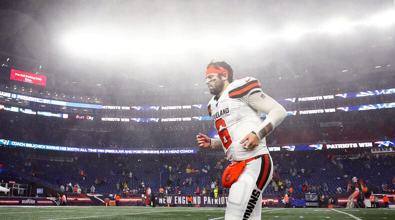 FOXBOROUGH, MASSACHUSETTS - OCTOBER 27: Baker Mayfield #6 of the Cleveland Browns leaves the field after the game against the New England Patriots at Gillette Stadium on October 27, 2019 in Foxborough, Massachusetts. (Photo by Omar Rawlings/Getty Images)