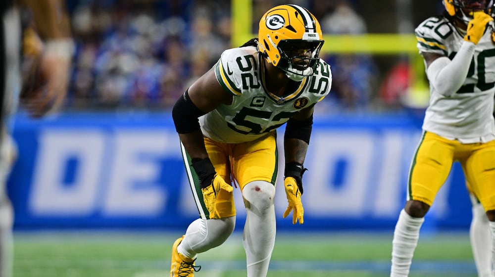 FILE - Green Bay Packers defensive end Rashan Gary lines up during the second half of an NFL football game against the Detroit Lions in Detroit, Nov. 27, 2025. (AP Photo/David Dermer, file)