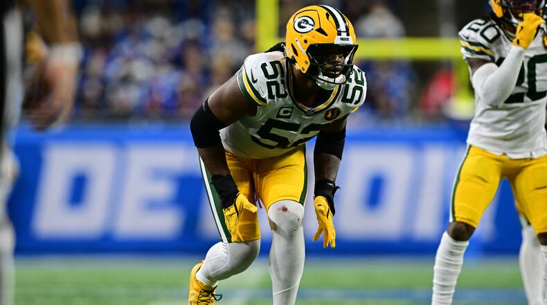 FILE - Green Bay Packers defensive end Rashan Gary lines up during the second half of an NFL football game against the Detroit Lions in Detroit, Nov. 27, 2025. (AP Photo/David Dermer, file)