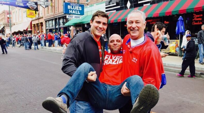 Dayton Flyers basketball fans (left to right) Ben Brabender, Justin Bayer and Tim Brabender pose for a photo during the NCAA tournament in 2014 in Memphis, Tenn. Contributed photo