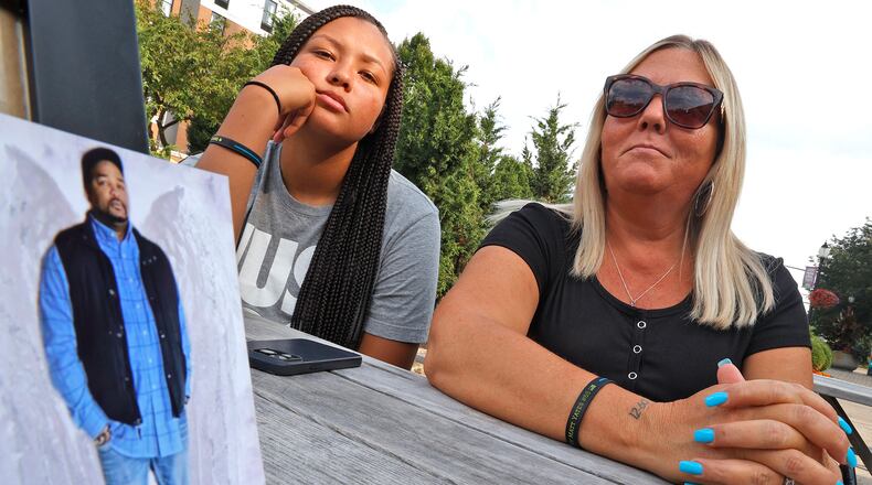 The Matthew Yates Memorial Basketball Tournament will be held at 9 a.m. on April 6. In this file photo from July 2023, Tracy Yates, the wife of fallen Clark County Sheriff's Deputy Matthew Yates and their daughter, A'kaylehana, talked about the past year since Matt was killed in the line of duty at Harmony Estates Mobile Home Park. BILL LACKEY/STAFF