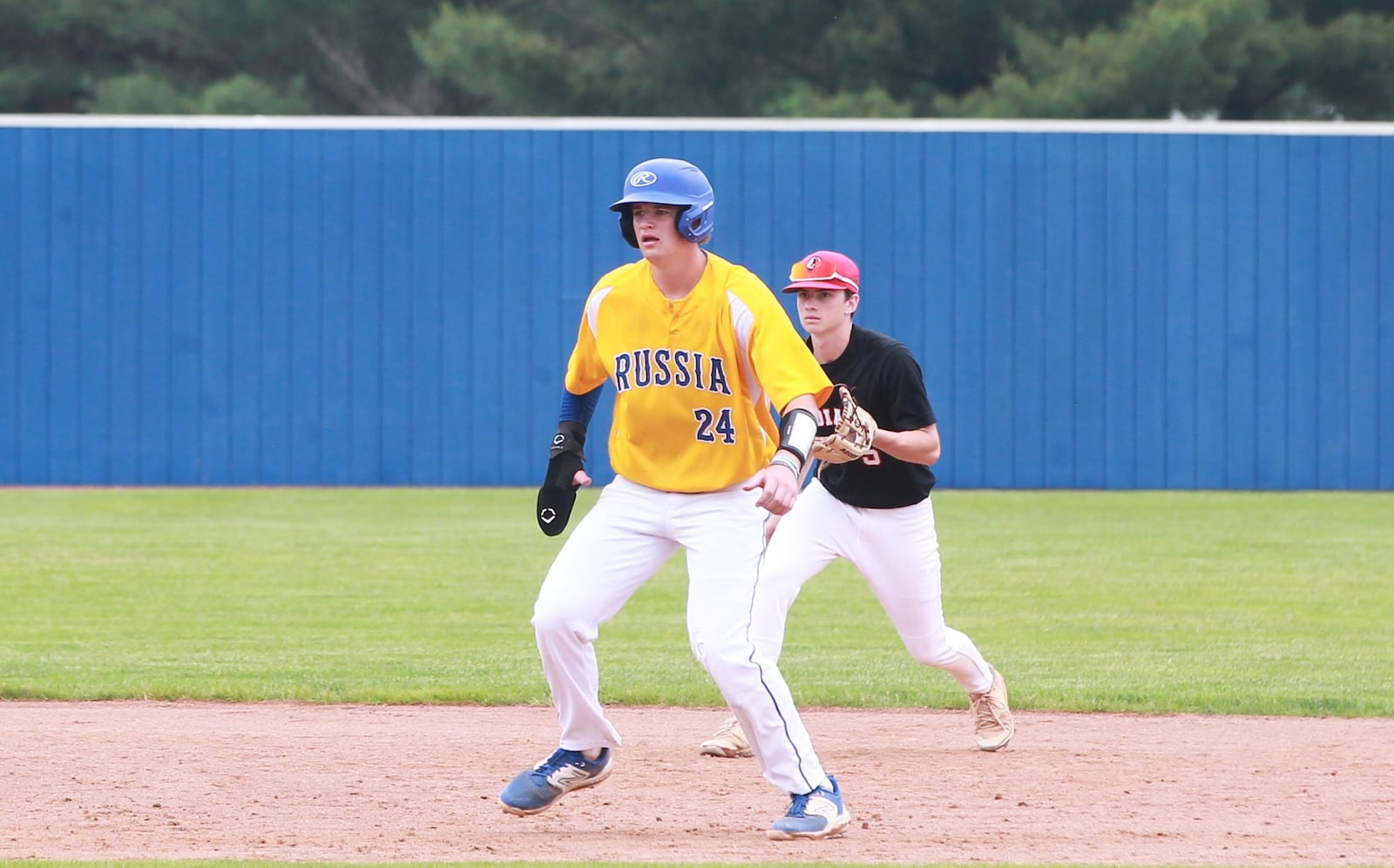 Braylon Cordonnier leads off second for Russia in a win over Cedarville in a DVII baseball regional final June 5, 2025, at Cedarville University.