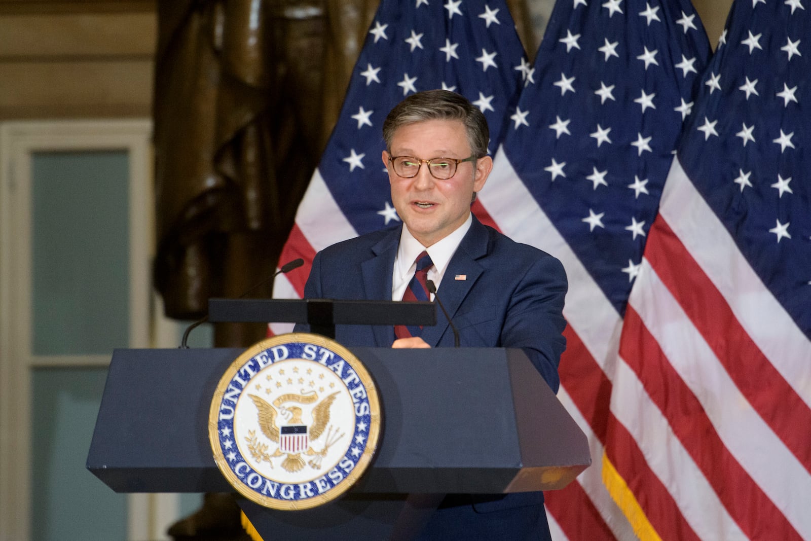 Speaker of the House Mike Johnson, R-La., speaks during a Congressional Gold Medal ceremony for three-time Tour de France winner Greg LeMond at the Capitol, Wednesday, July 9, 2025, in Washington. (AP Photo/Rod Lamkey, Jr.)